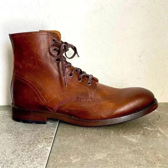 NEW FRYE Bowery Lace Up Side Zip Brown Cognac Leather Boot Men’s Size 10D - Picture 3 of 10